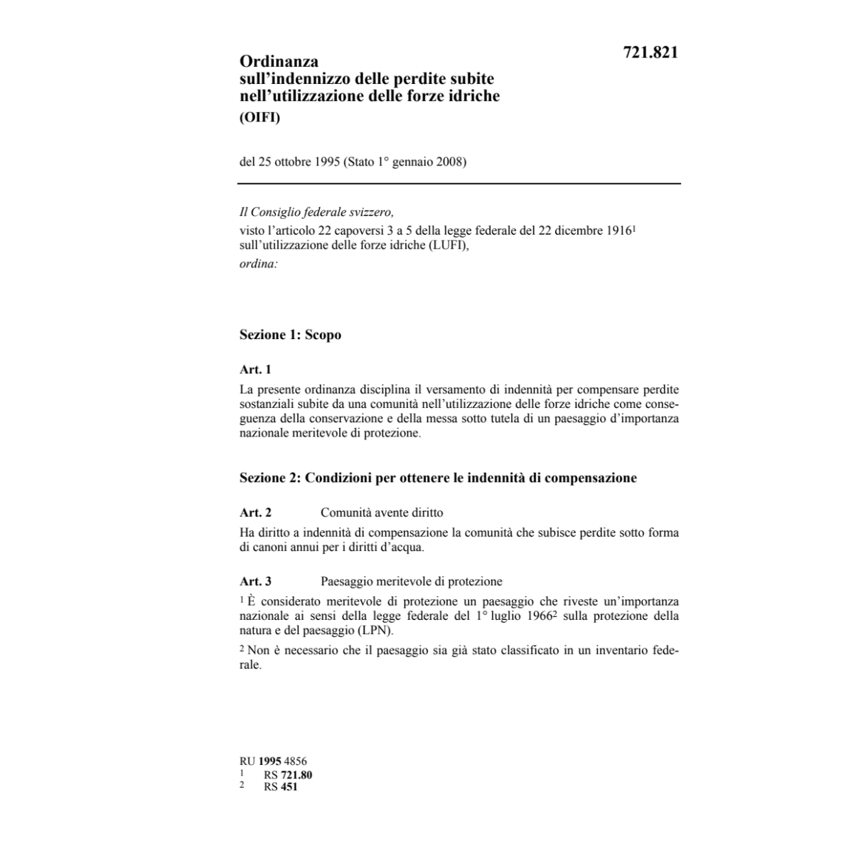O sull'indennizzo, forze idriche, OIFI
