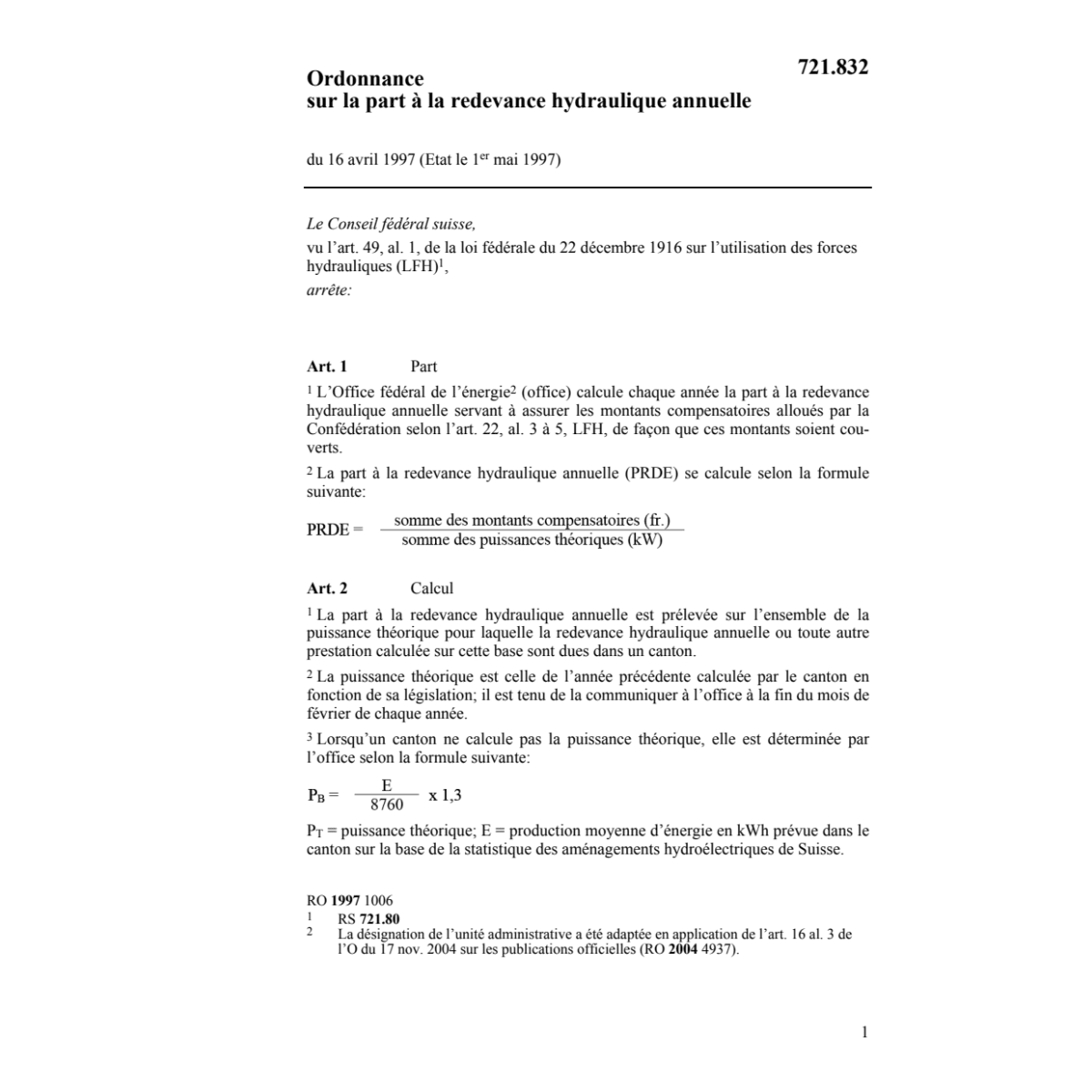 O sur la part à la redevance hydraulique