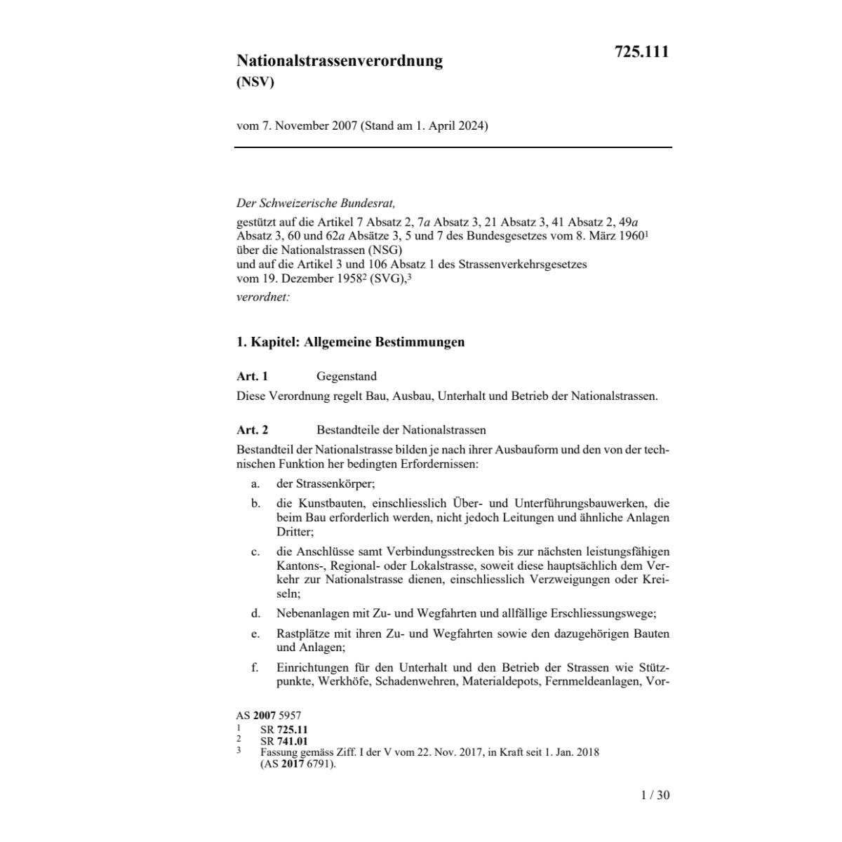 V über die Nationalstrassen, NSV