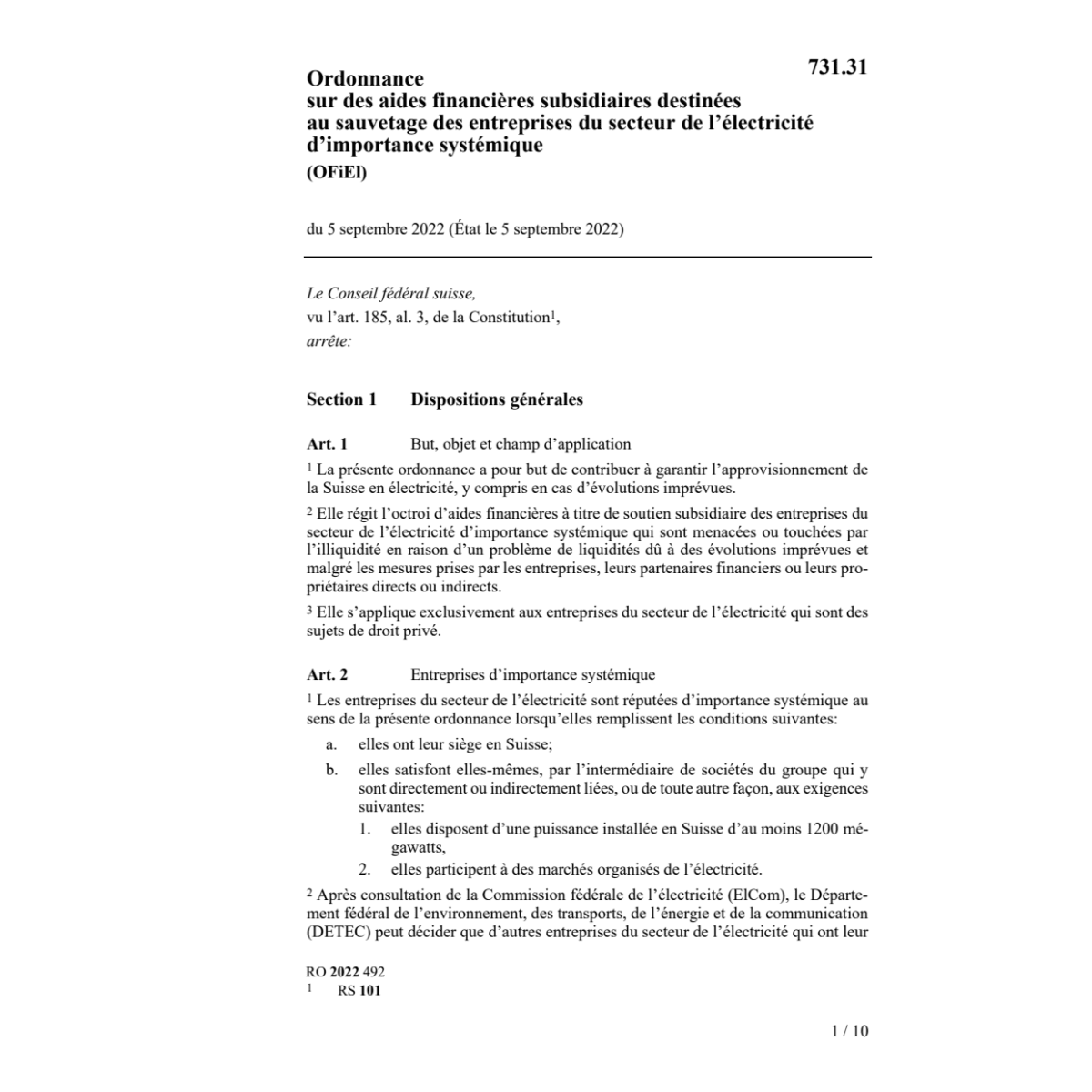 O 5.9.22 aides financ. électricité impor