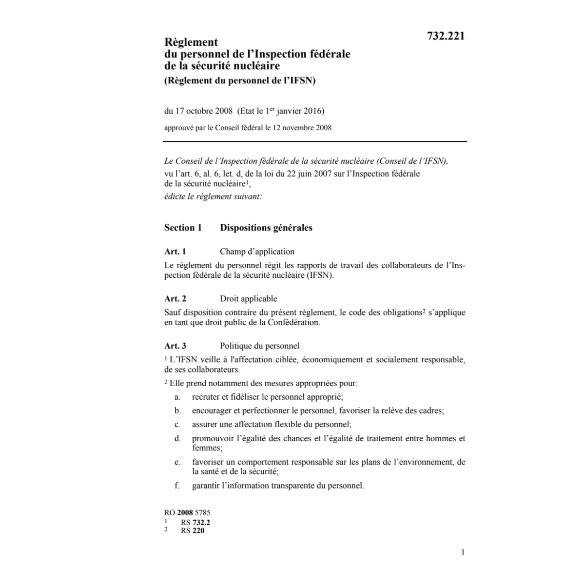 Réglement du personnel de l'IFSN