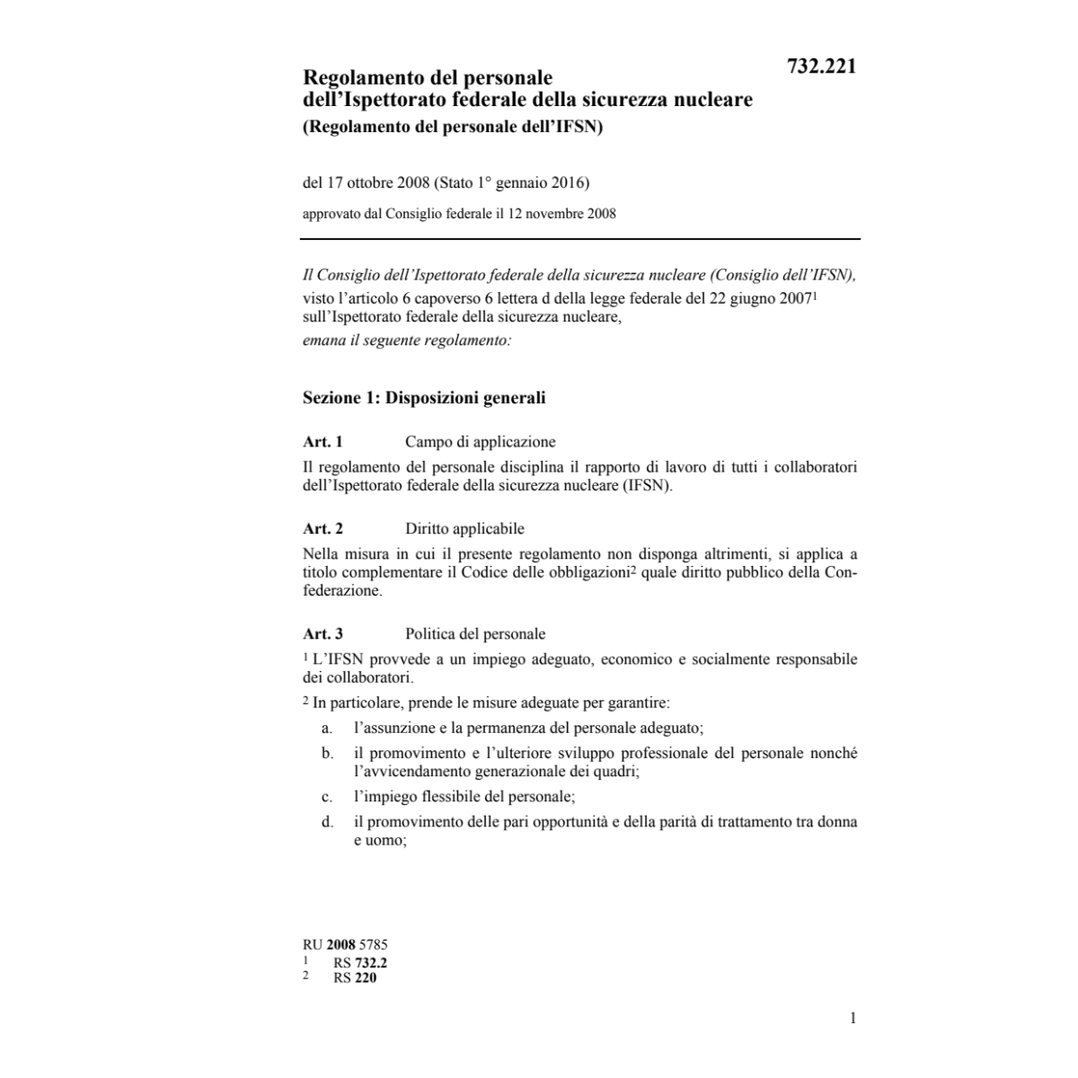 Regolamento del personale dell'IFSN