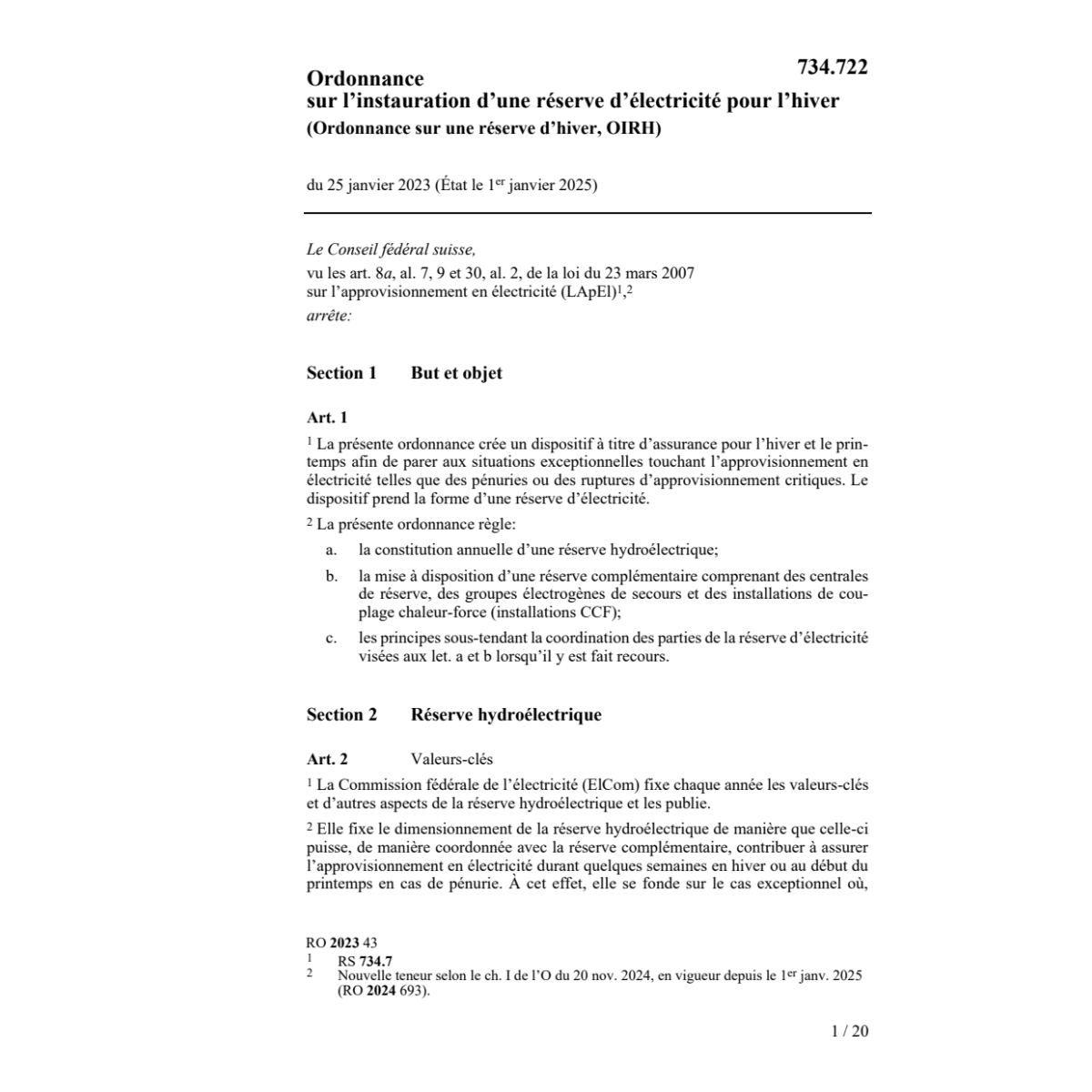 O inst. réserve hydroélectrique (OIRH)