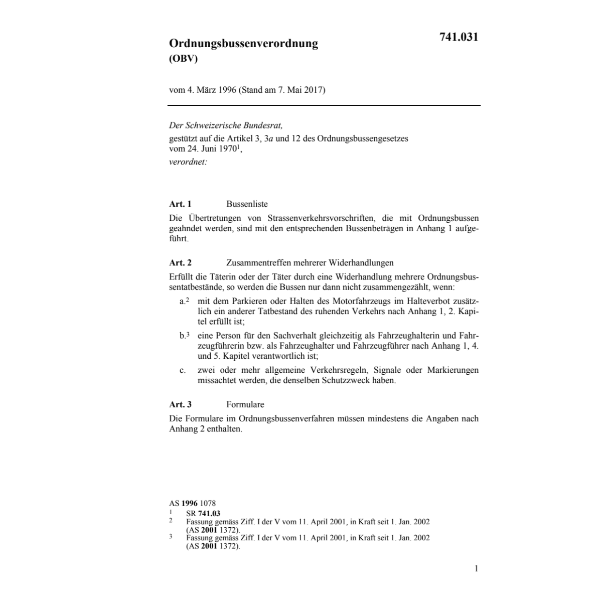 Ordnungsbussenverordnung, OBV
