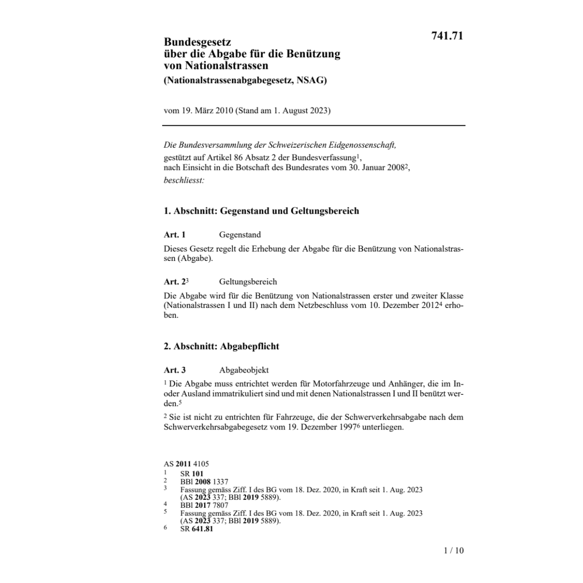 BG Nationalstrassenabgabegesetz (NSAG)