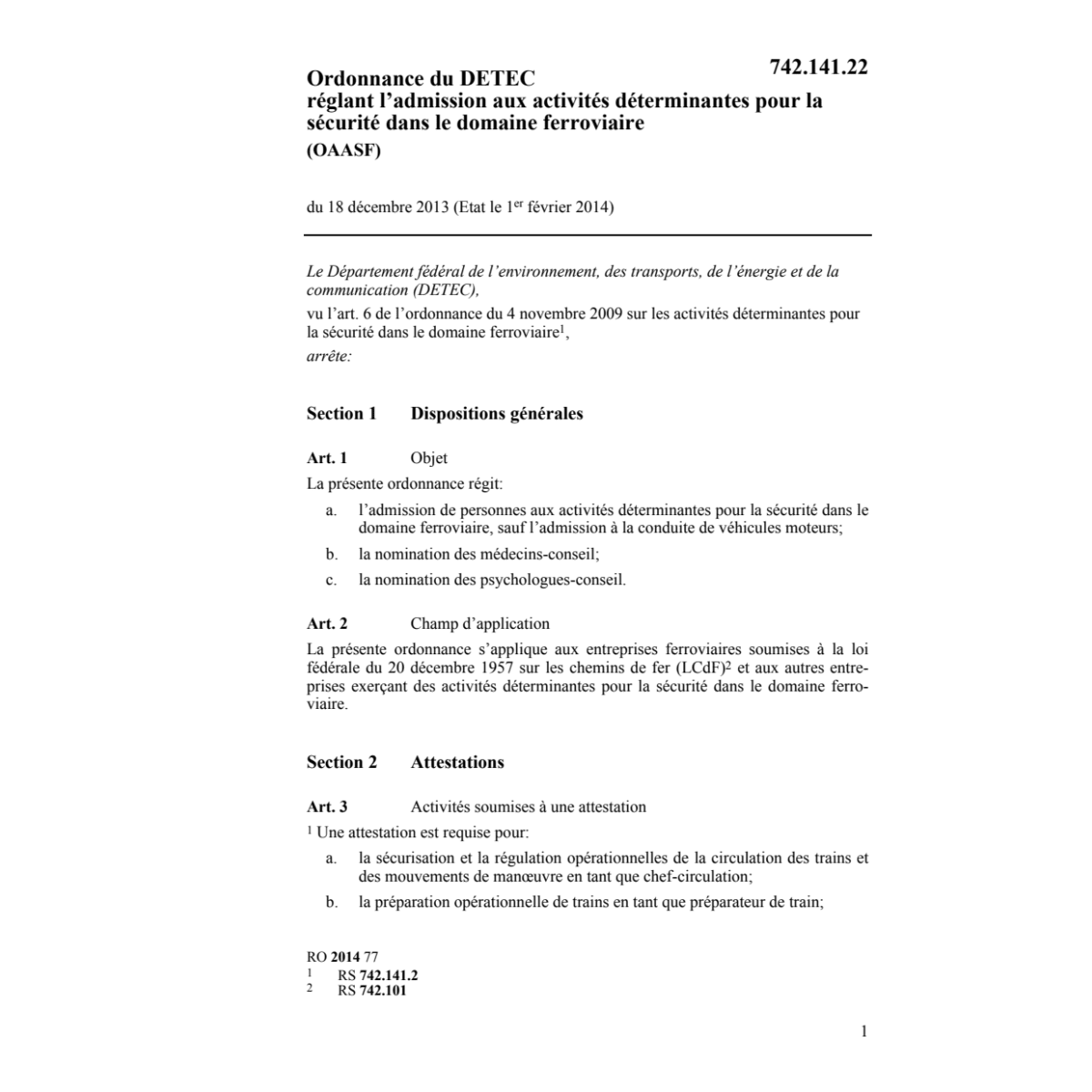 O admission domaine ferroviaire OAASF