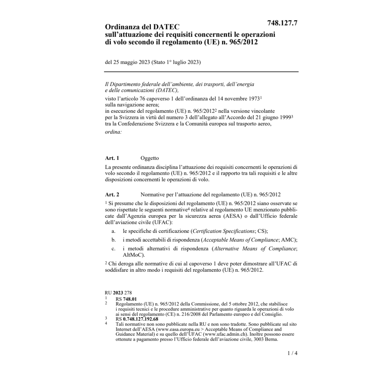 O regolamento (UE) n. 965/2012