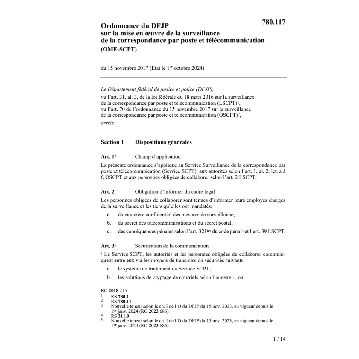 O DFJP 15.11.17 mise uvre surveillance