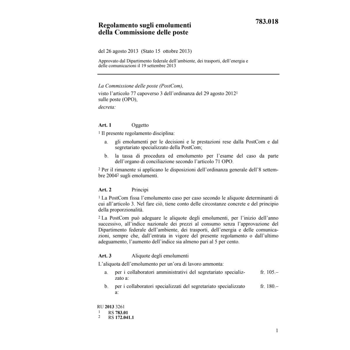 R emolumenti Commissione poste