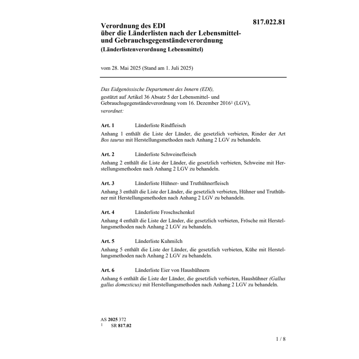 Länderlistenverordnung Lebensmittel EDI