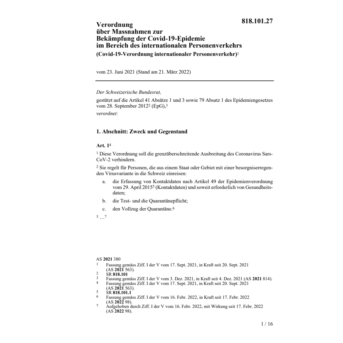 V (Covid-19) internat. Personenverkehr