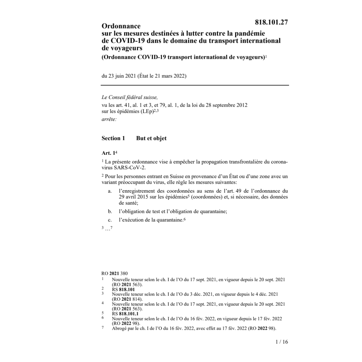 O (Covid-19) transport intern. voyageurs