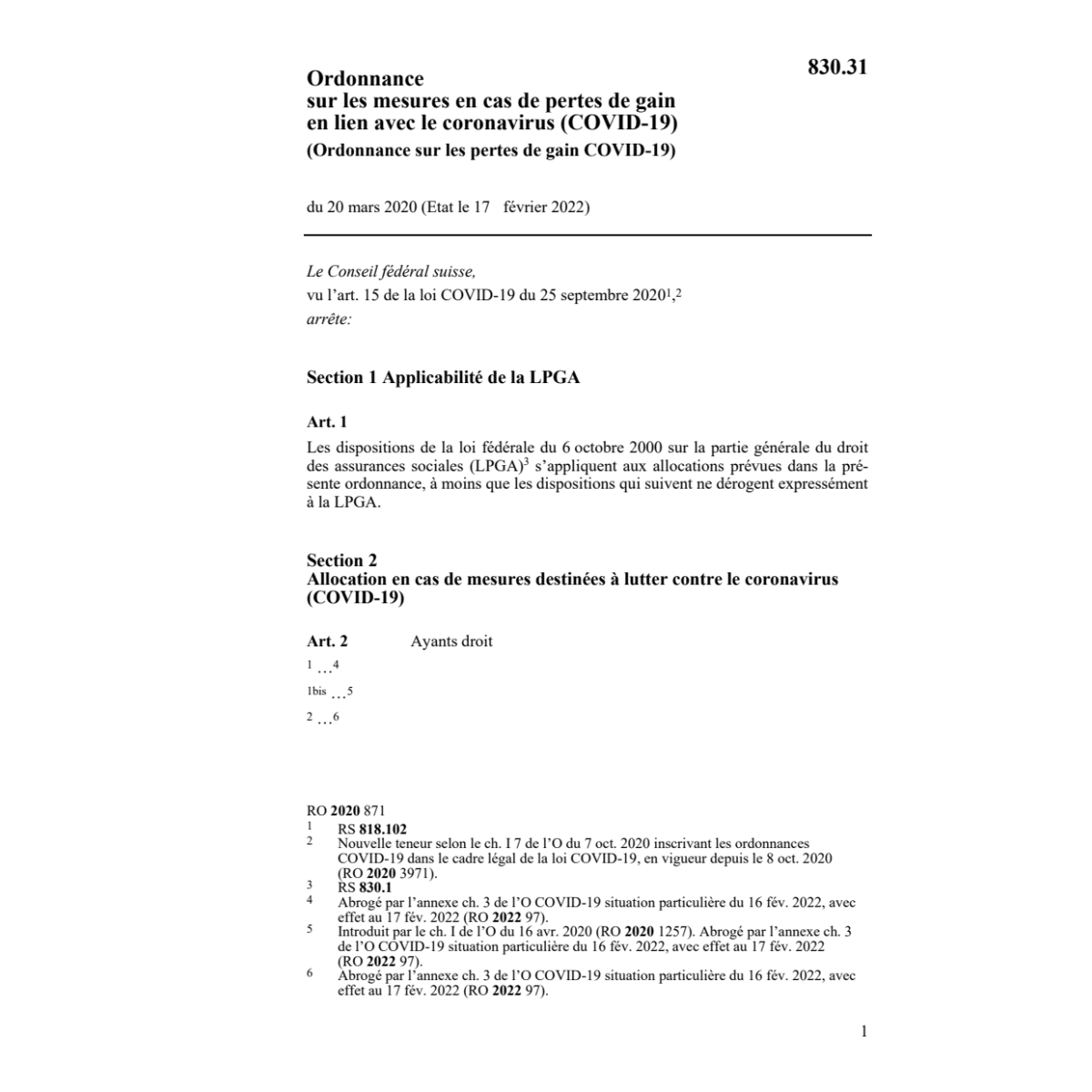 O sur les pertes de gain COVID-19