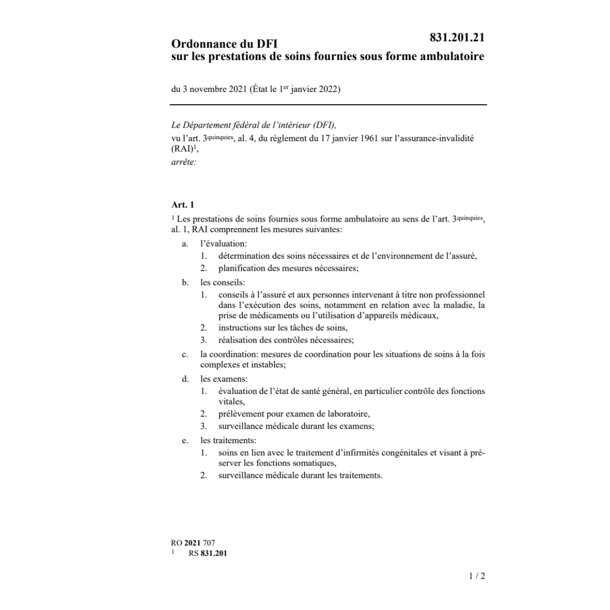 O DFI prestations de soins fournies