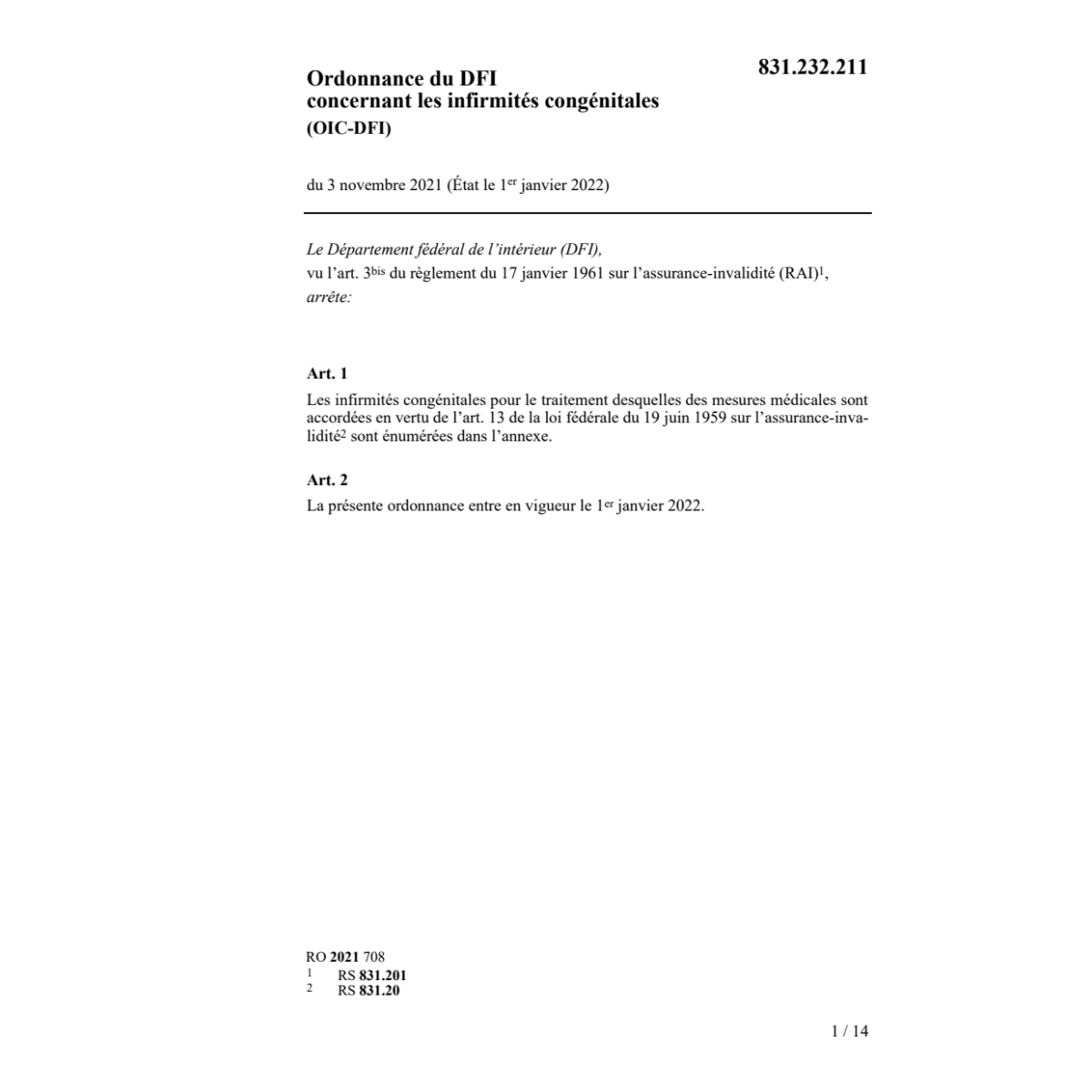 O DFI infirmités congénitales (OIC-DFI)