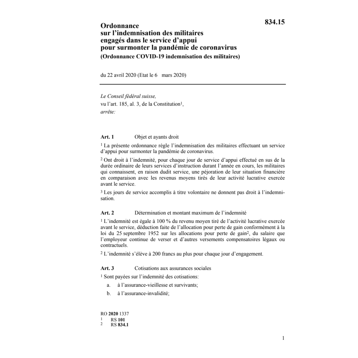 COVID-19 indemnisation des militaires