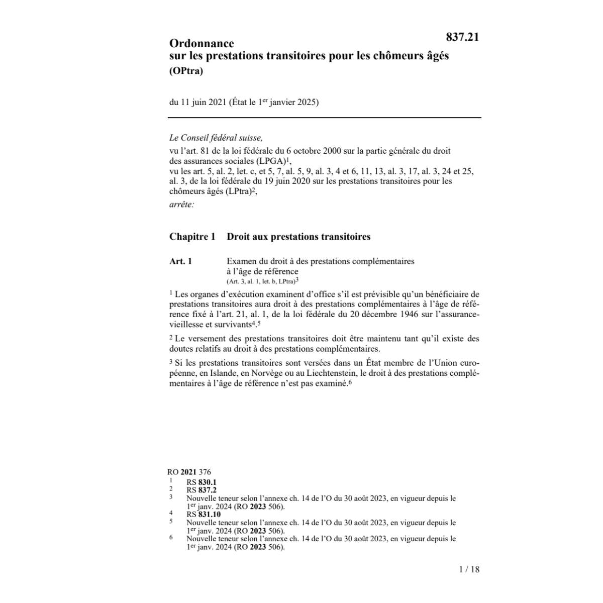 O prestations transitoires chômeurs âgés