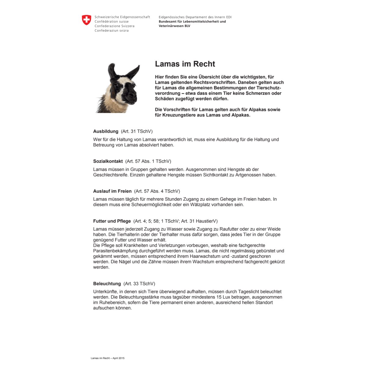 Merkblatt Lamas im Recht