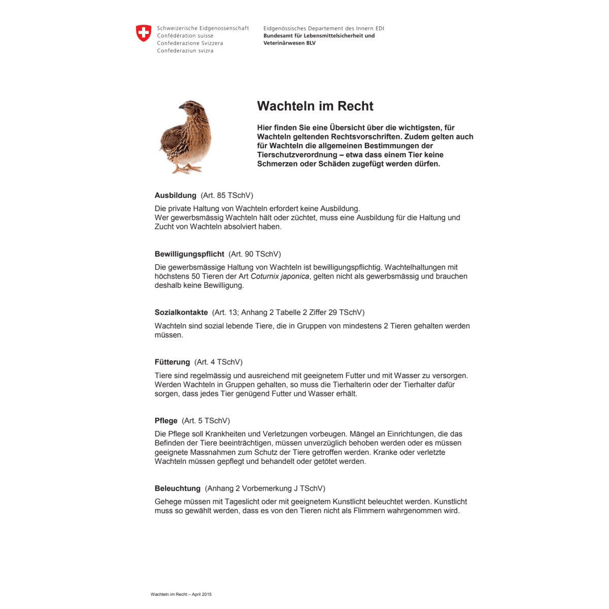 Merkblatt Wachteln im Recht