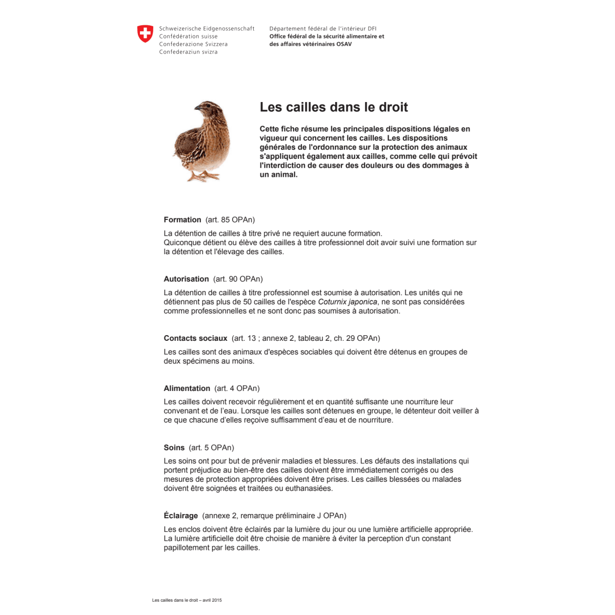 Aide-mémoire Les cailles dans le droit