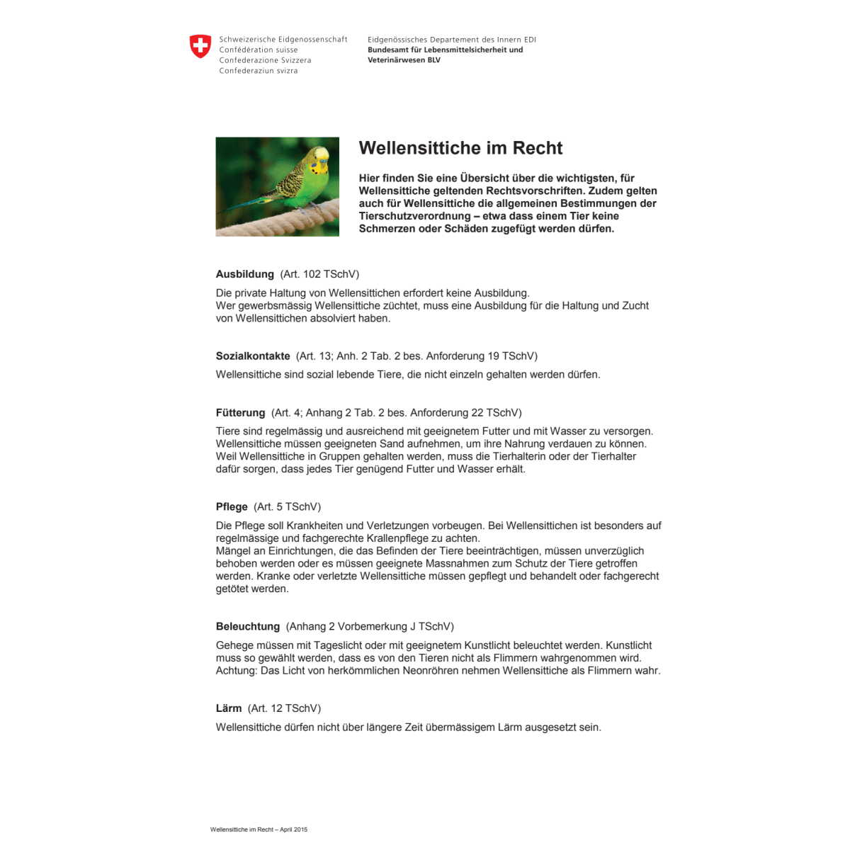 Merkblatt Wellensittiche im Recht