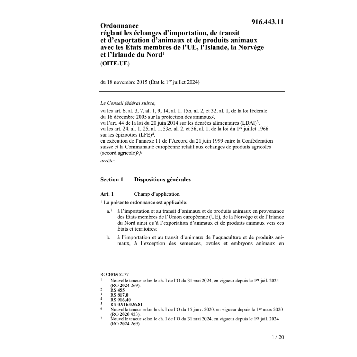 O importation et transit animaux, OITE