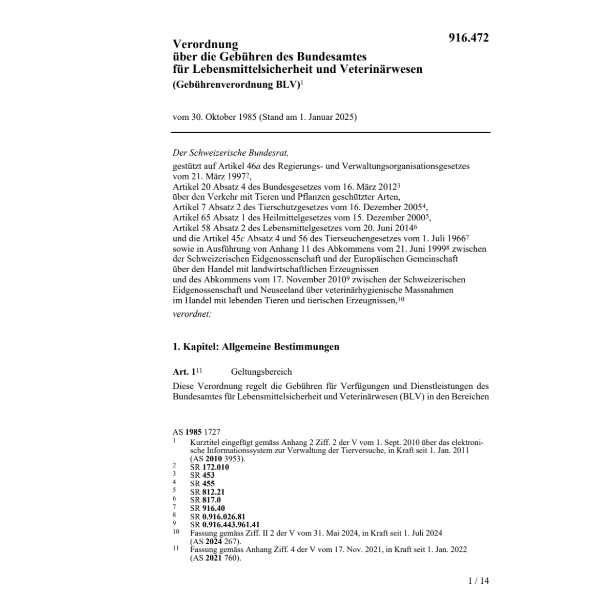 V Gebühren BA Veterinärwesen BVET-GebV