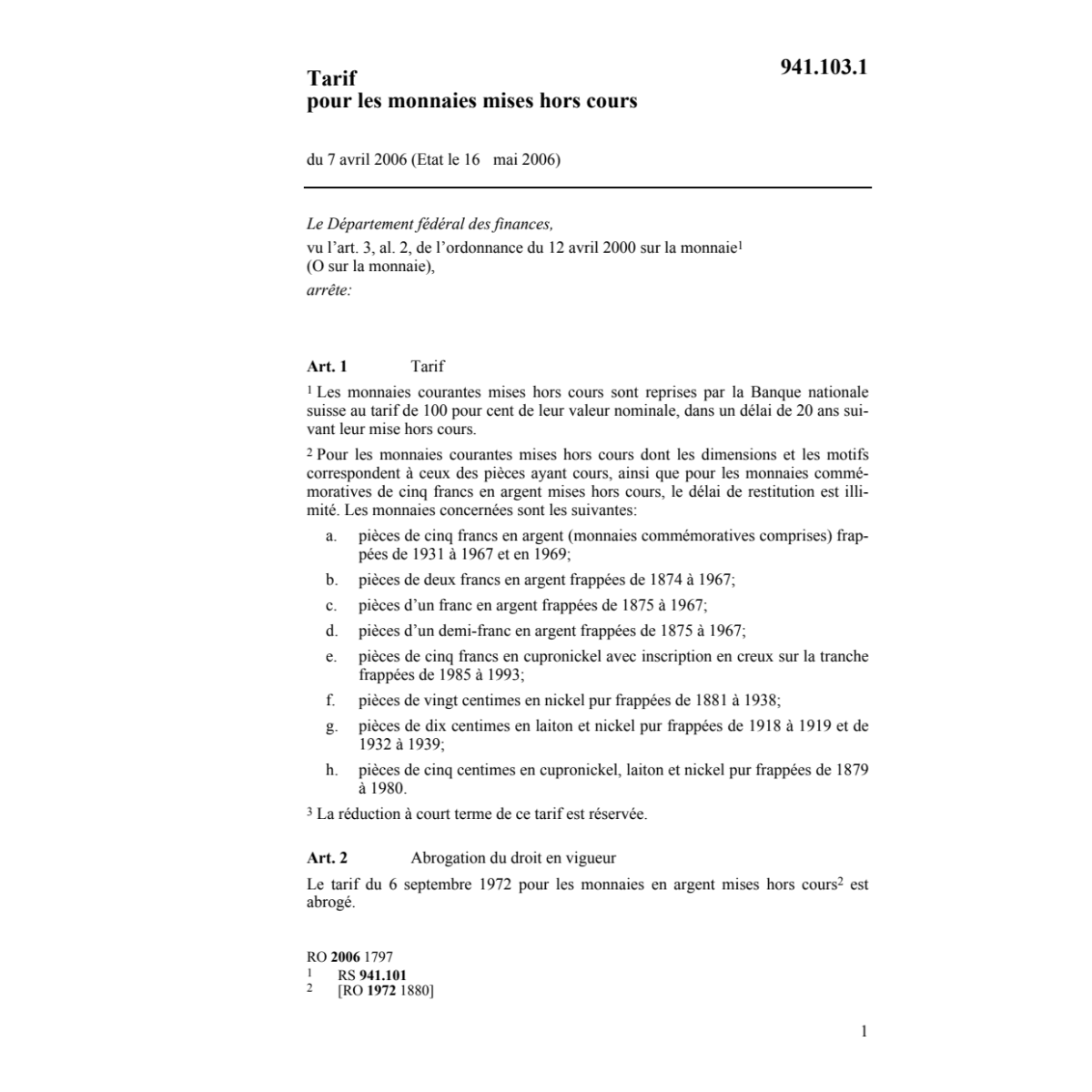 Tarif monnaies argent mises hors cours
