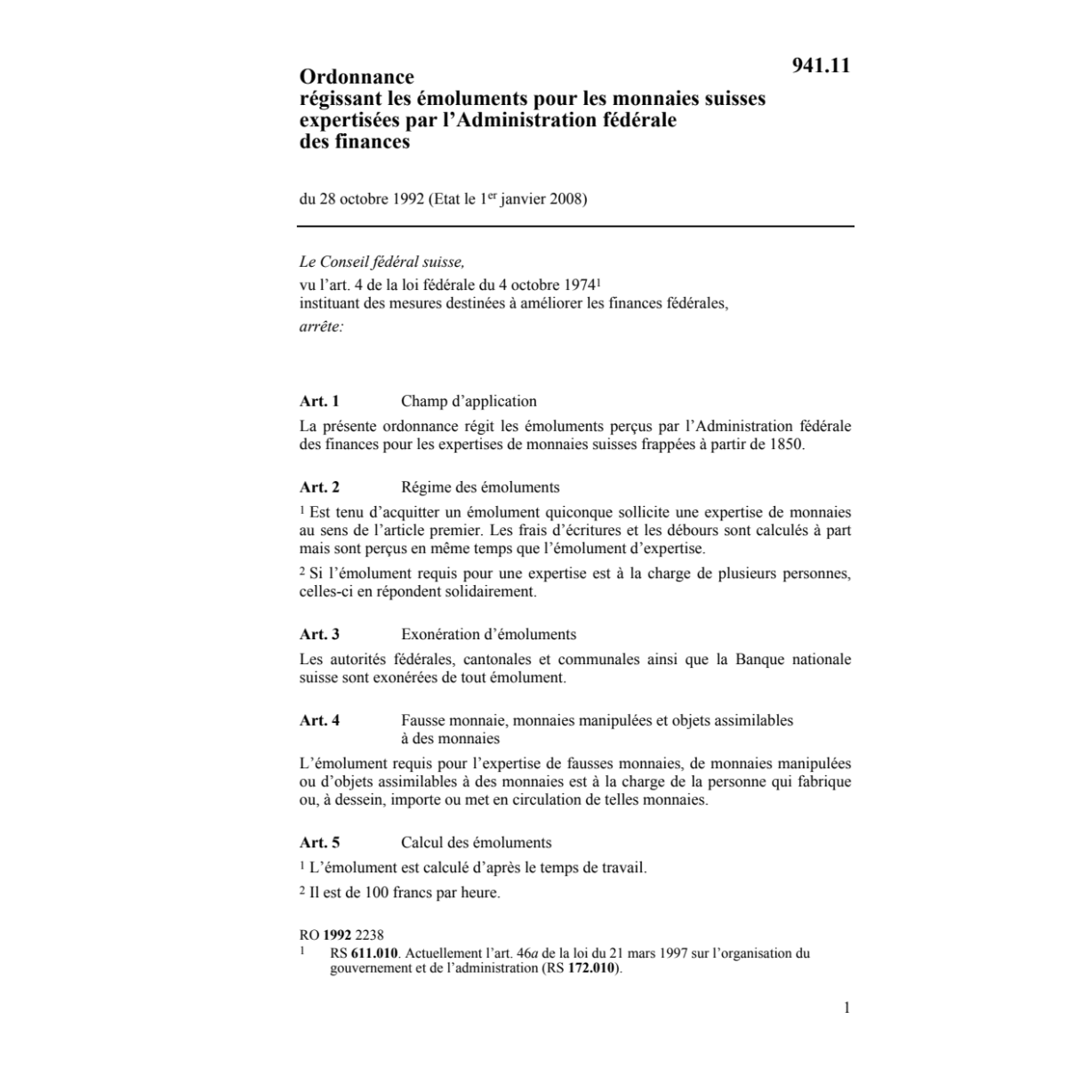 O émoluments expertisées Administr. féd.