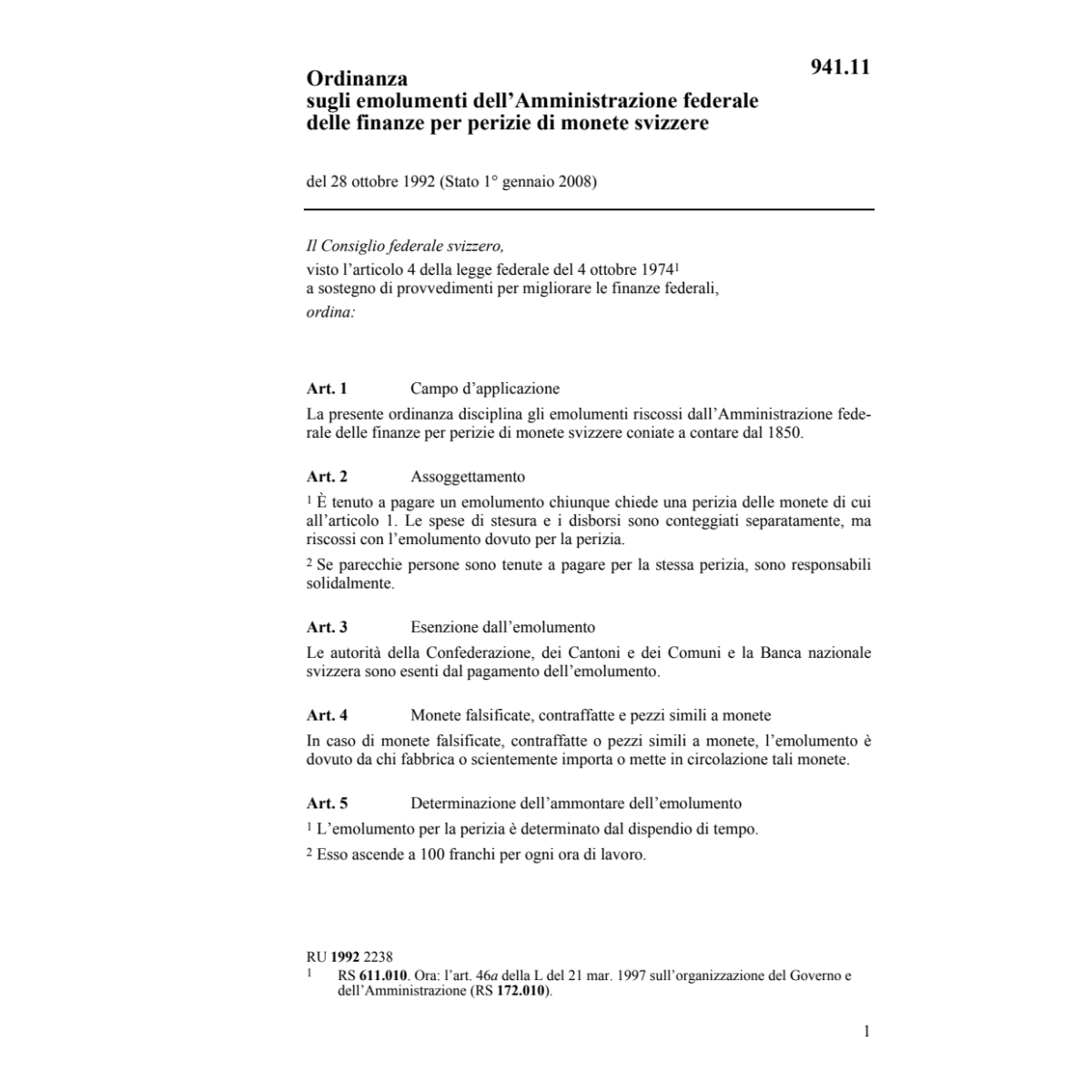 O emolumenti Administr. perizie monete