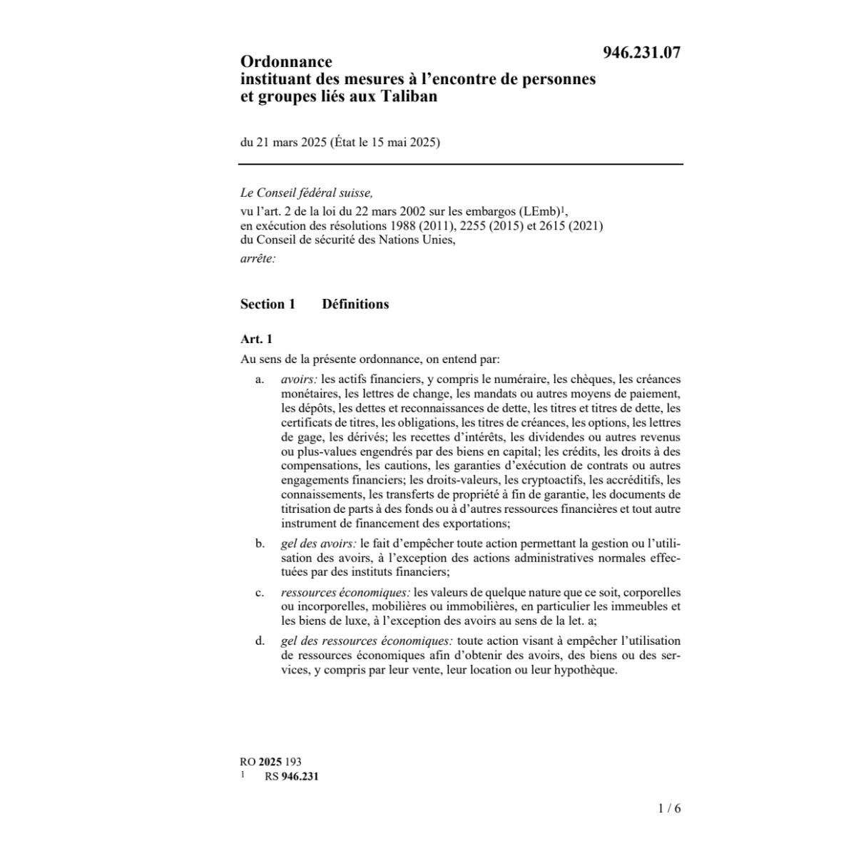 Ordonnance mesures Taliban