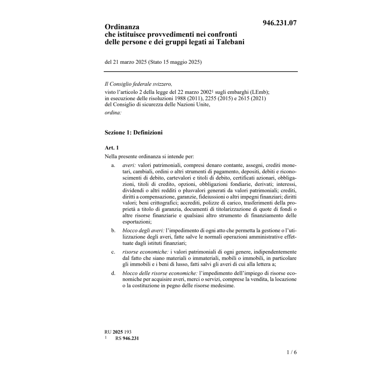 Ordinanza provvedimenti Talebani
