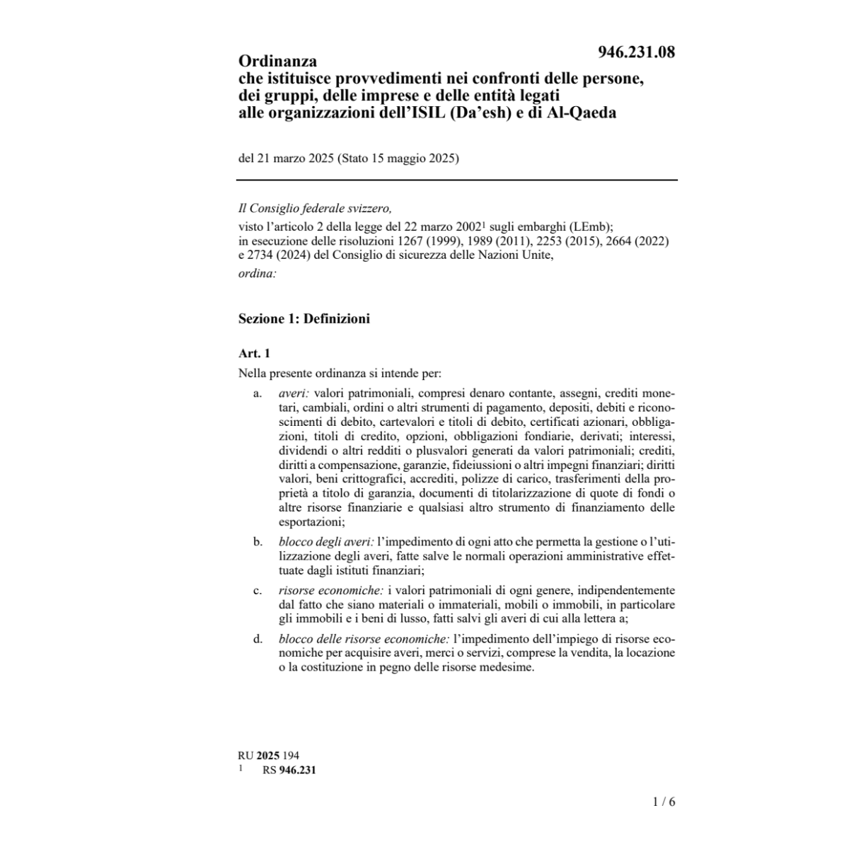 Ordinanza provvedimenti ISIL/Al Qaeda