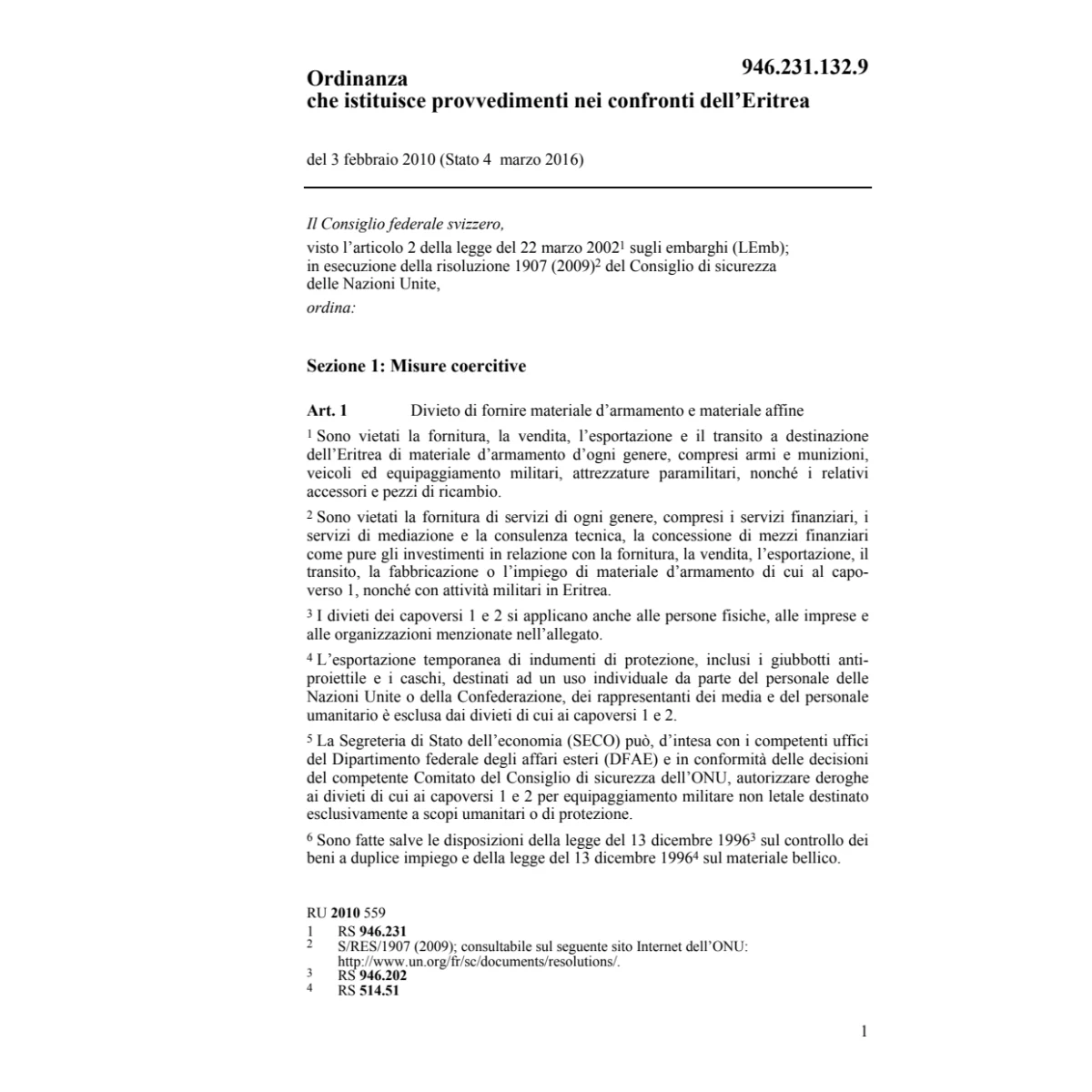 O provvedimenti confronti Eritrea
