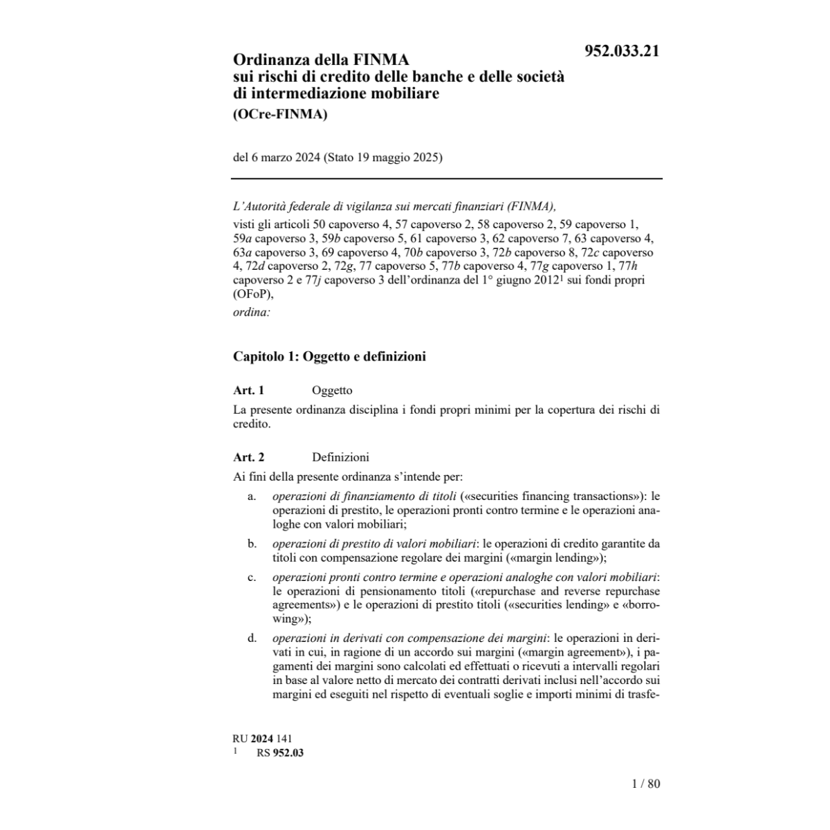 O FINMA rischi di credito (OCre-FINMA)