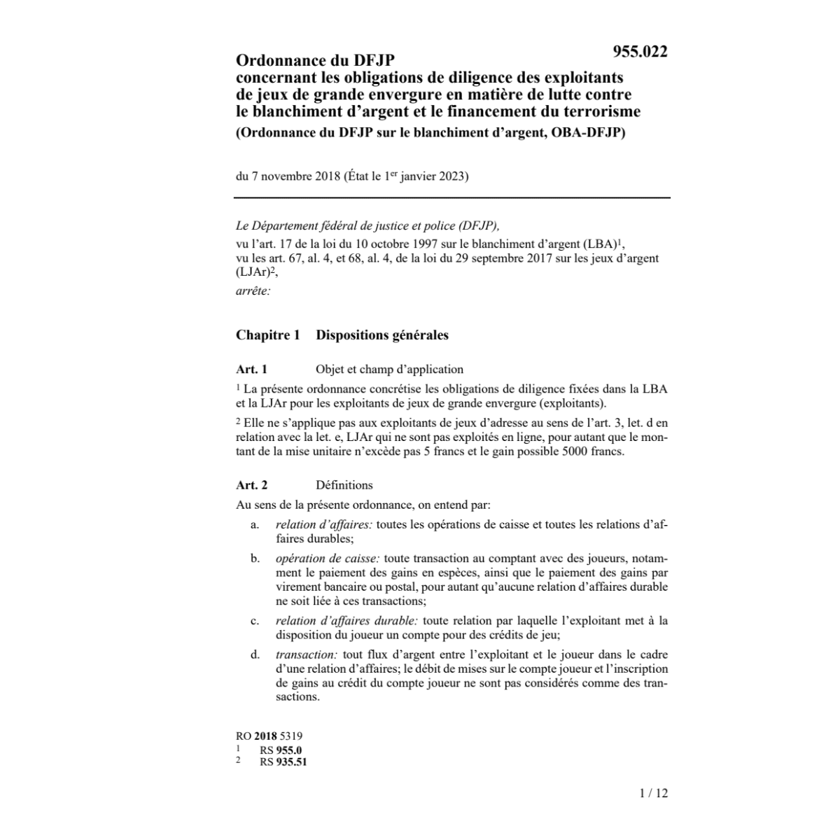 O DFJP blanchiment d'argent OBA-DFJP