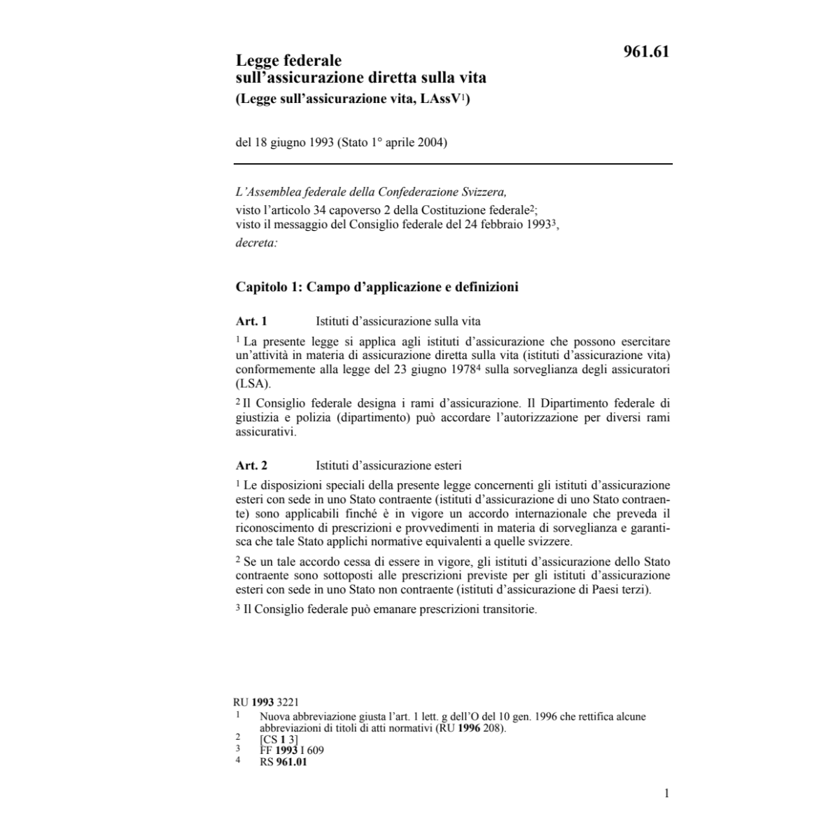 LF 18.6.93 assicurazione diretta vita