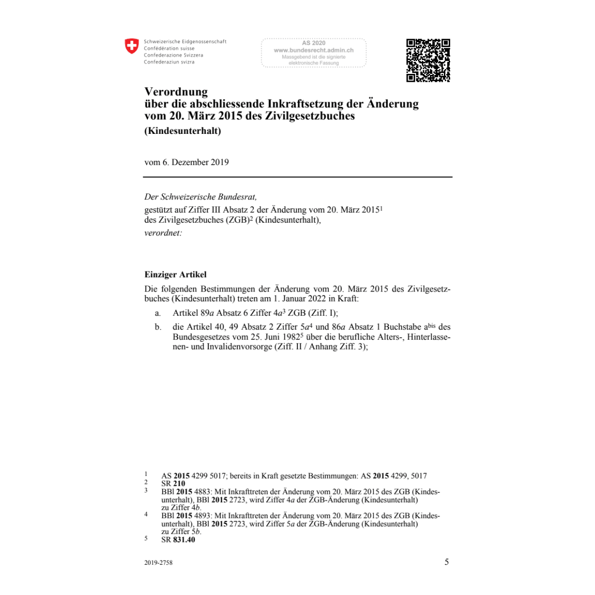 V Änd. 20.03.2015 ZGB (Kindesunterhalt)