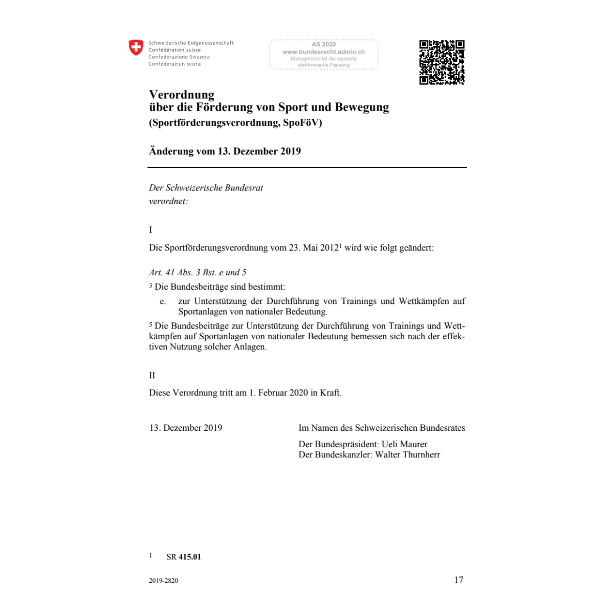V Förderung Sport (SpoFöV) Änd. 13.12.19