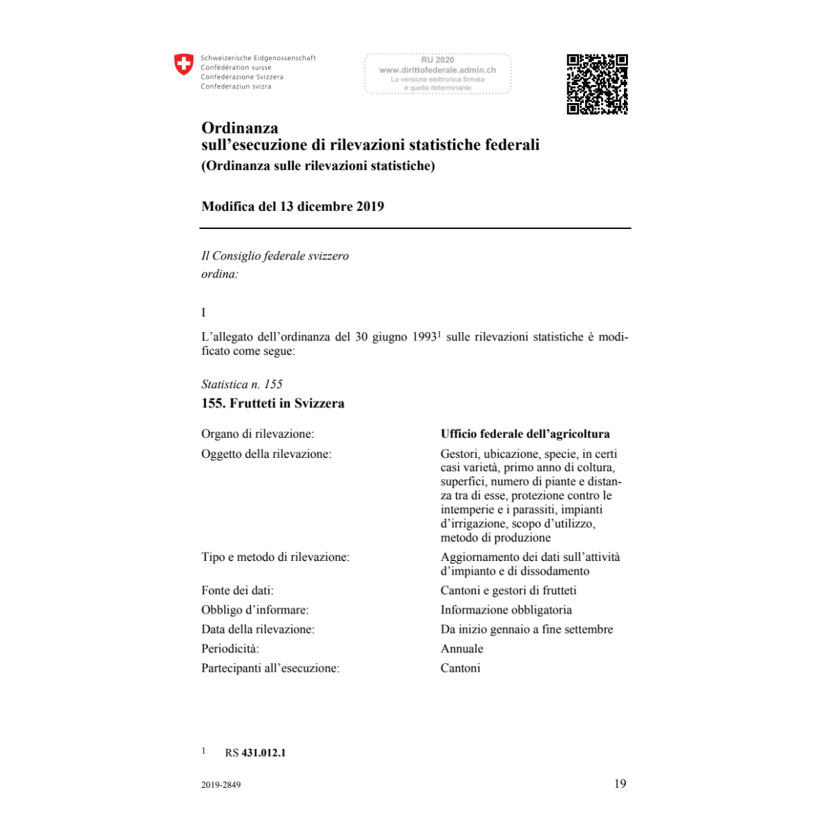 O rilevazioni statistiche Mod. 13.12.19
