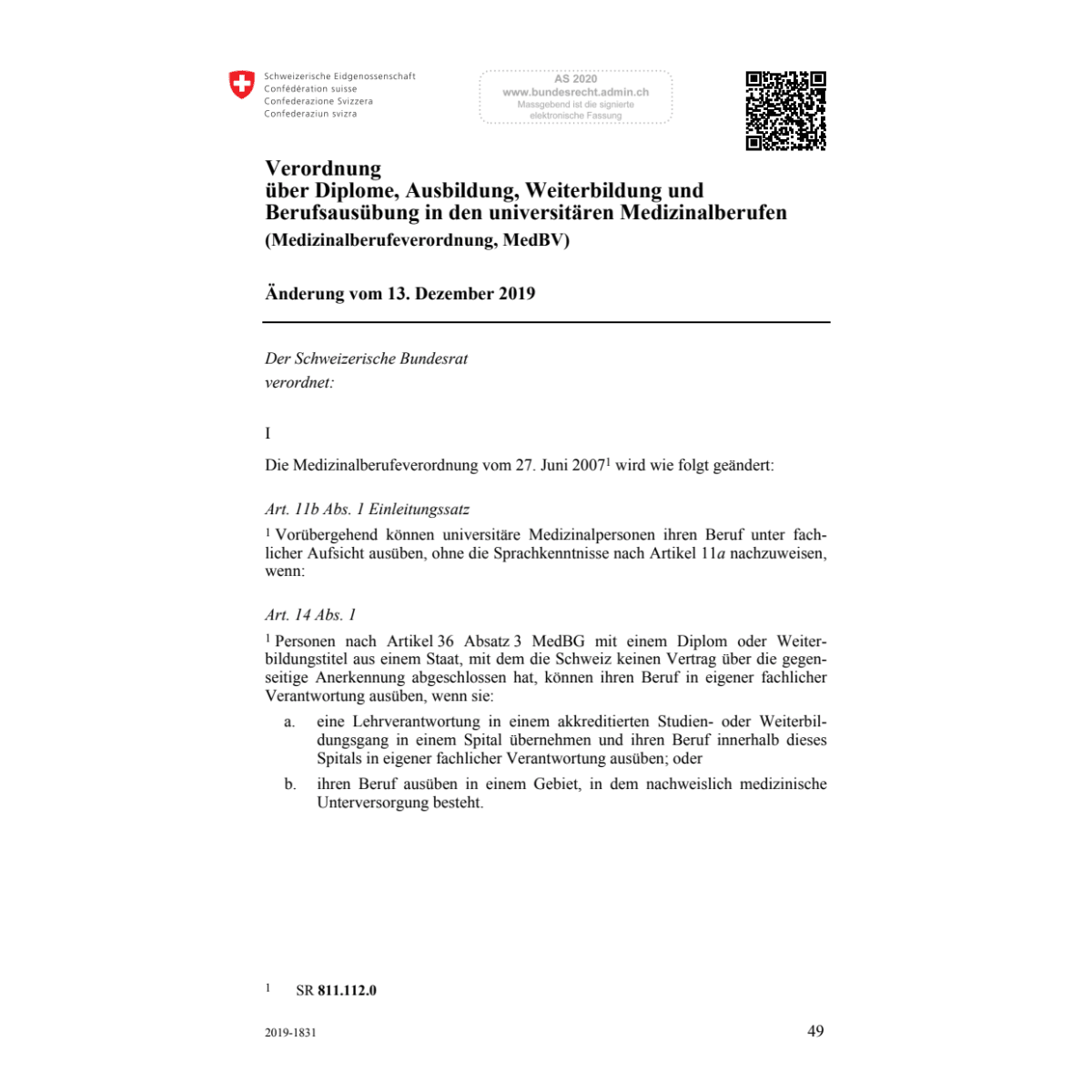 Medizinalberufev. MedBV Änd. 13.12.19