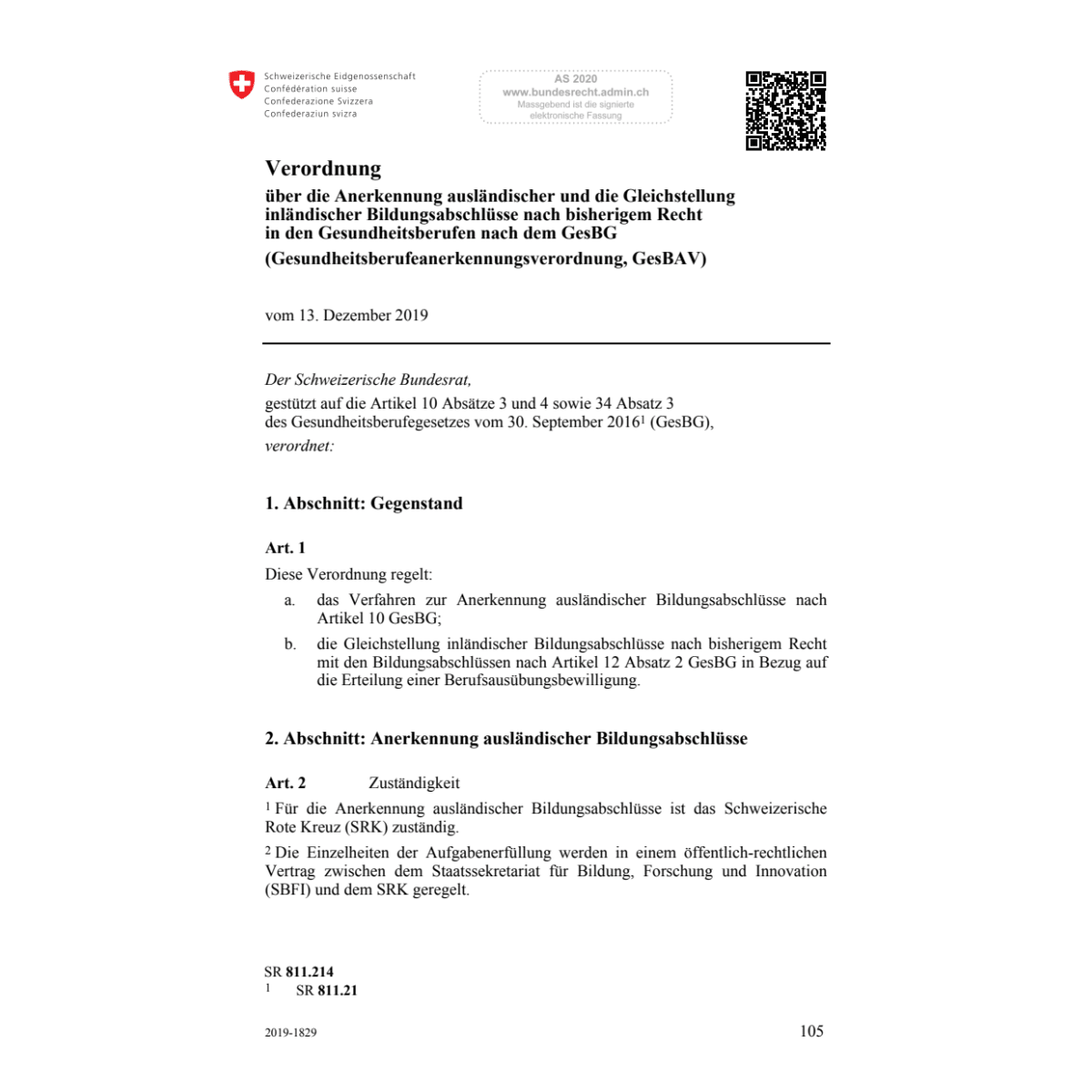 Gesundheitsberufeanerkennungsv. GesBAV