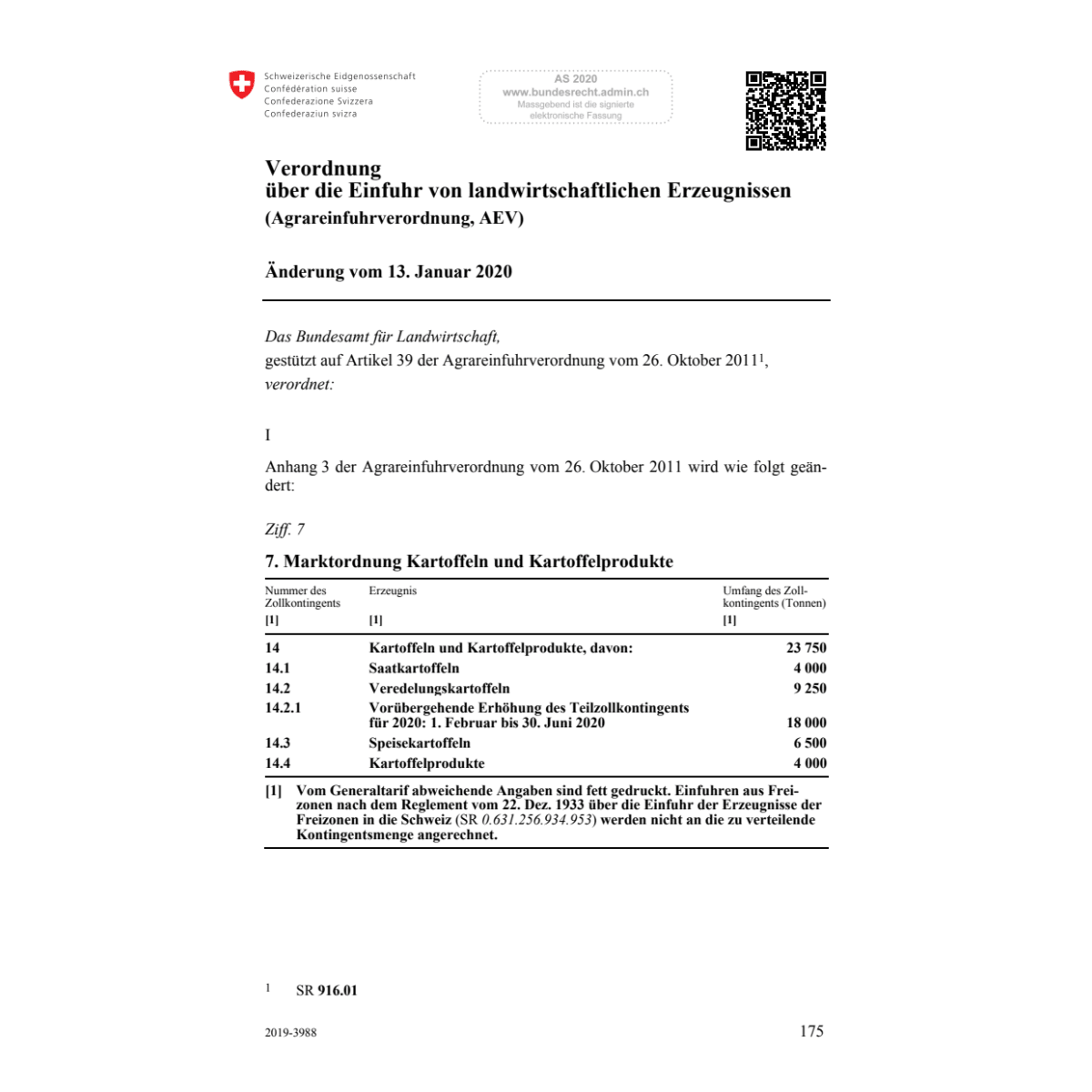 Agrareinfuhrv. AEV Änd. 13.1.20