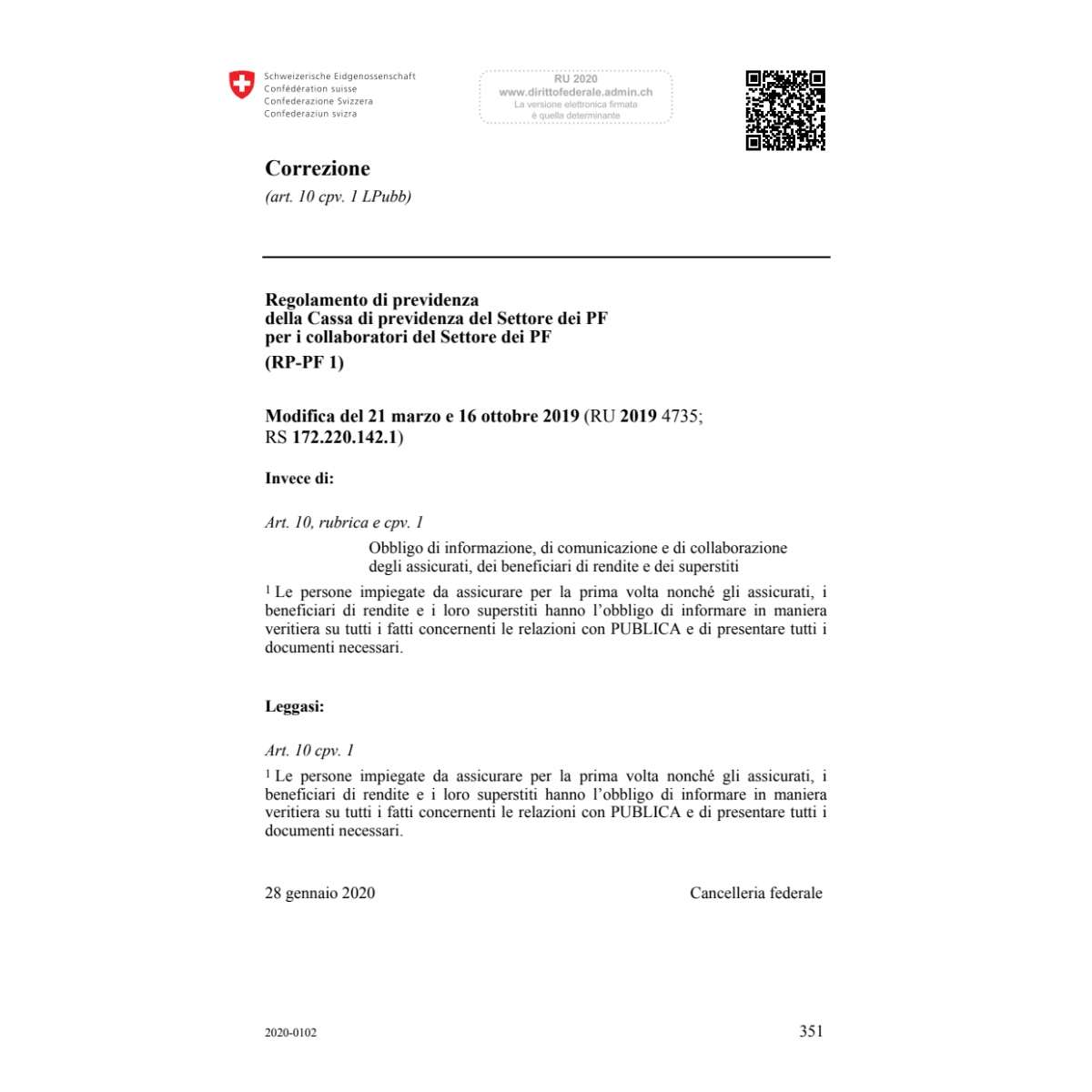 Correzione (RP-PF 1) Mod. 16.10.19