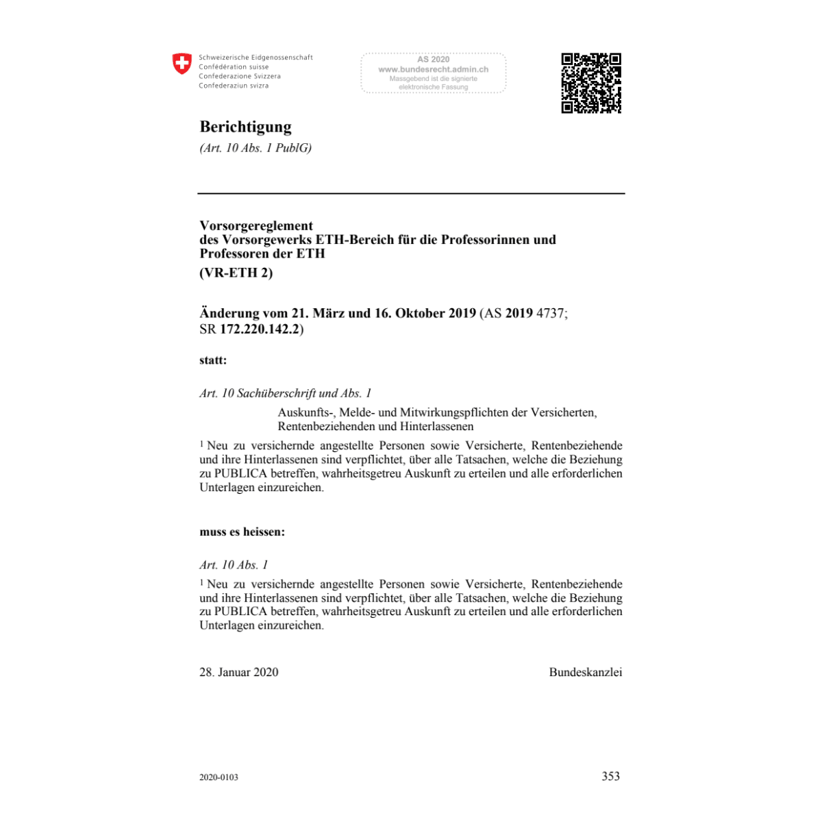 Berichtigung (VR-ETH 2) Änd. 16.10.19
