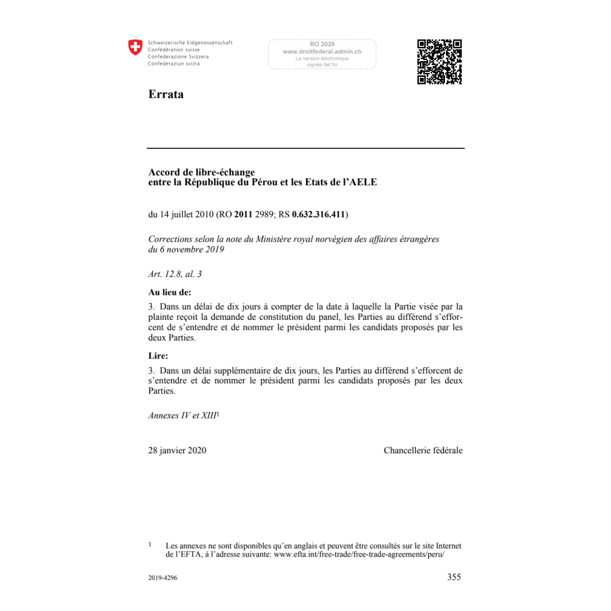 Ac. libre-échange Rép. Pérou Etats AELE