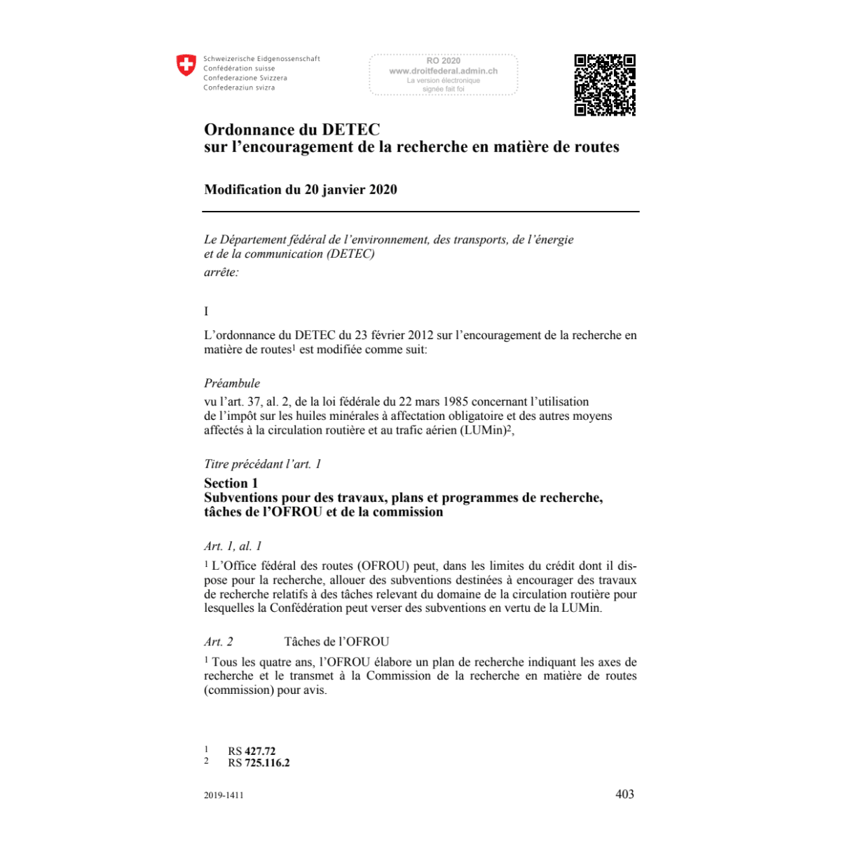 O DETEC matière de routes Mod. 20.01.20