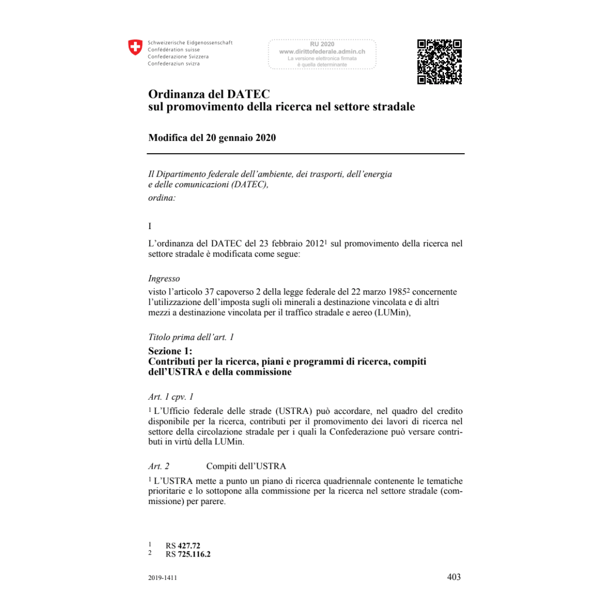 O DATEC settore stradale Mod. 20.01.20