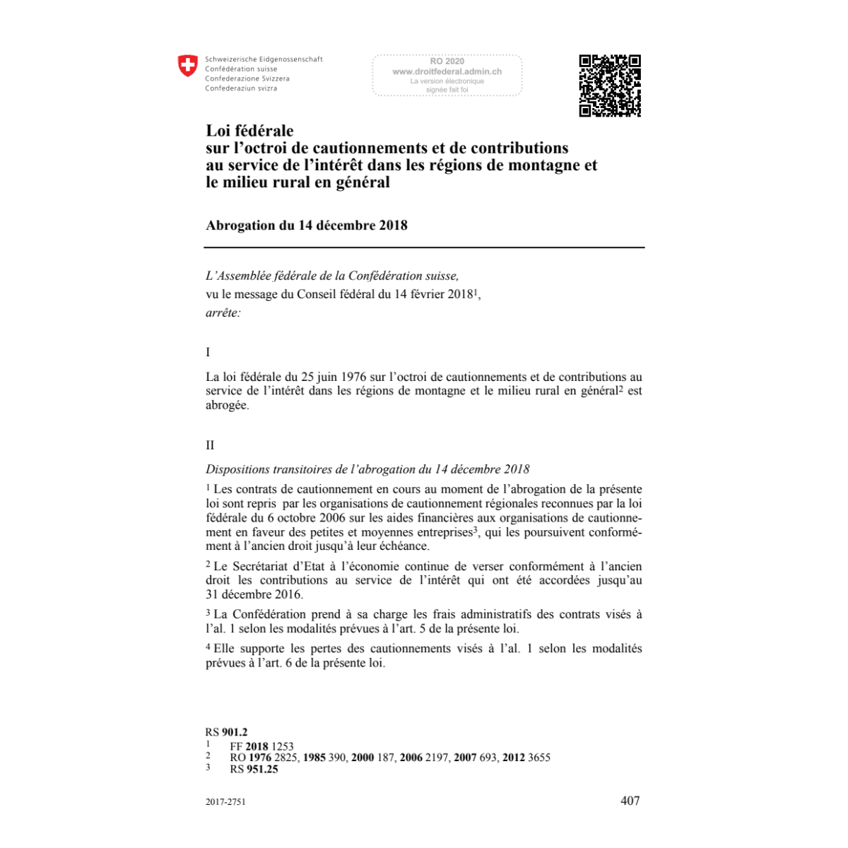 LF cautionnements Abrogation du 14.12.18