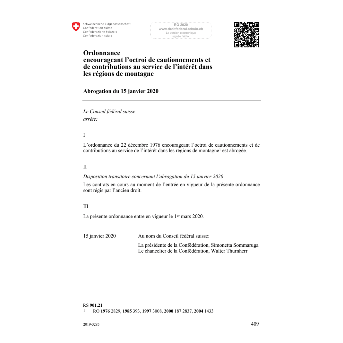 O cautionnements Abrogation du 15.01.20